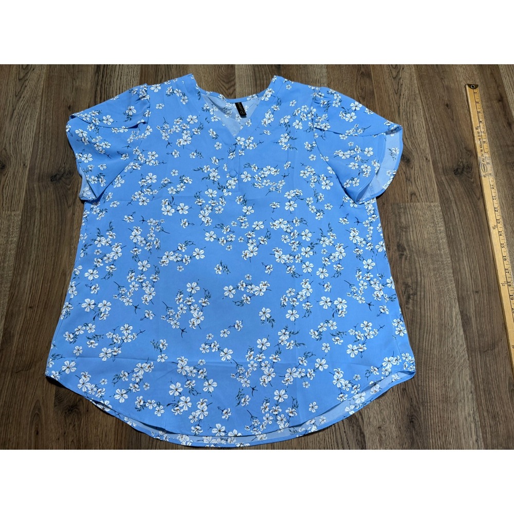HOTGIFT Blue Floral Short Sleeve V-Neck Blouse Top Women's Size Large